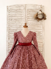 V Back Long Sleeves Burgundy Sequin Wedding Flower Girl