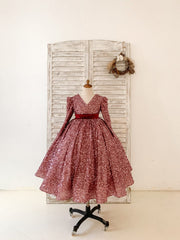 V Back Long Sleeves Burgundy Sequin Wedding Flower Girl