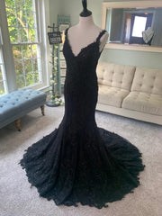X Back V Neck Black Embroidered Lace Tulle Mermaid Wedding