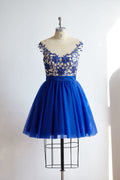 V Back Royal Blue Lace Tulle Short Knee Length Prom Party Dress