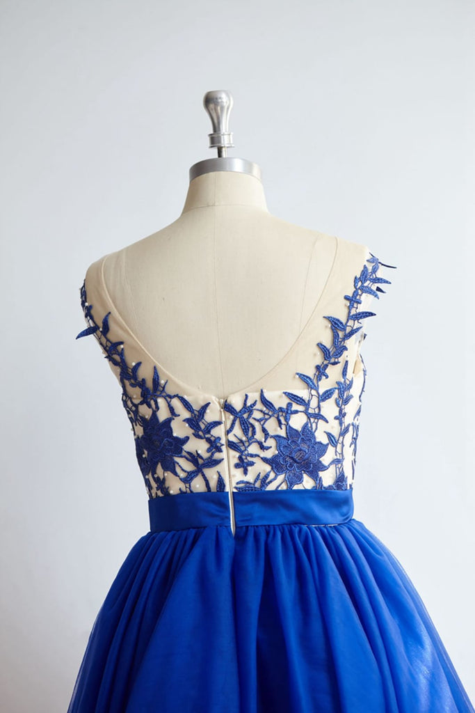 V Back Royal Blue Lace Tulle Short Knee Length Prom Party
