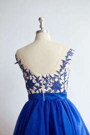 V Back Royal Blue Lace Tulle Short Knee Length Prom Party 