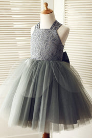 Backless Gray Lace Tulle Flower Girl Dress with Big Bow