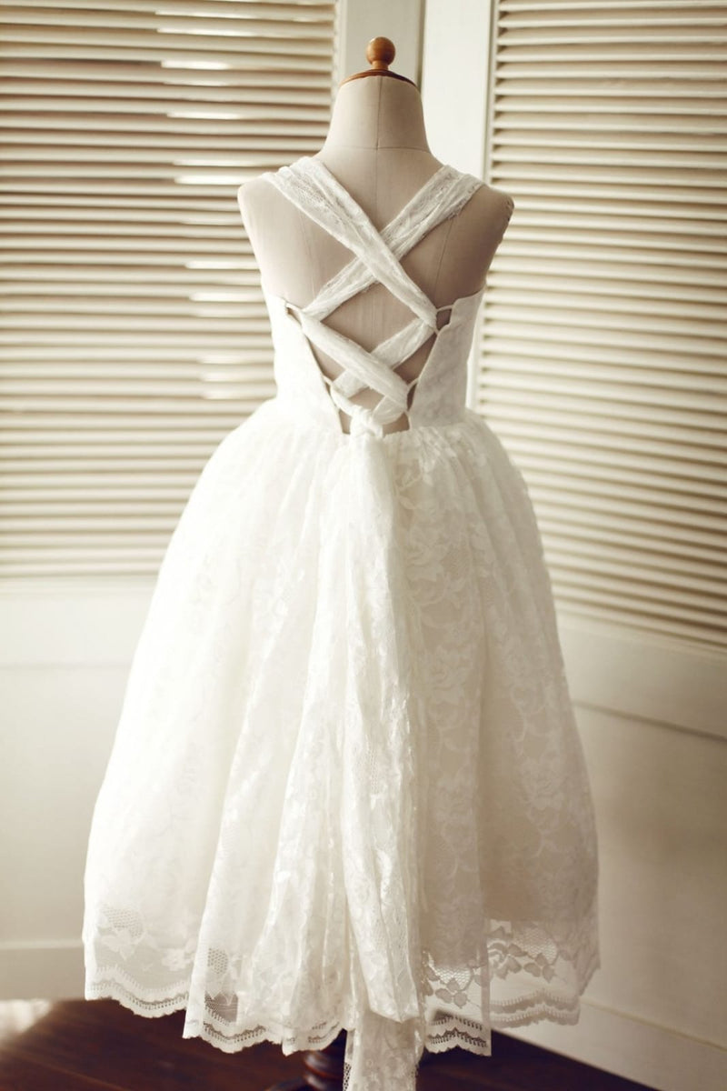 Tiered Lace Flower Girl Gown Sleeveless Round Neck Layered Skirt Princess Wedding Dress