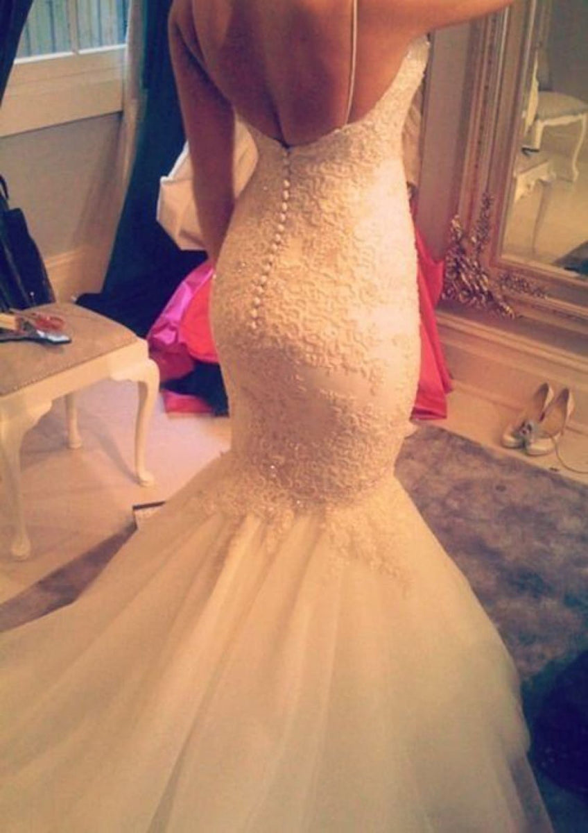 Straps Mermaid Tulle/Lace Wedding Dress with Open Back