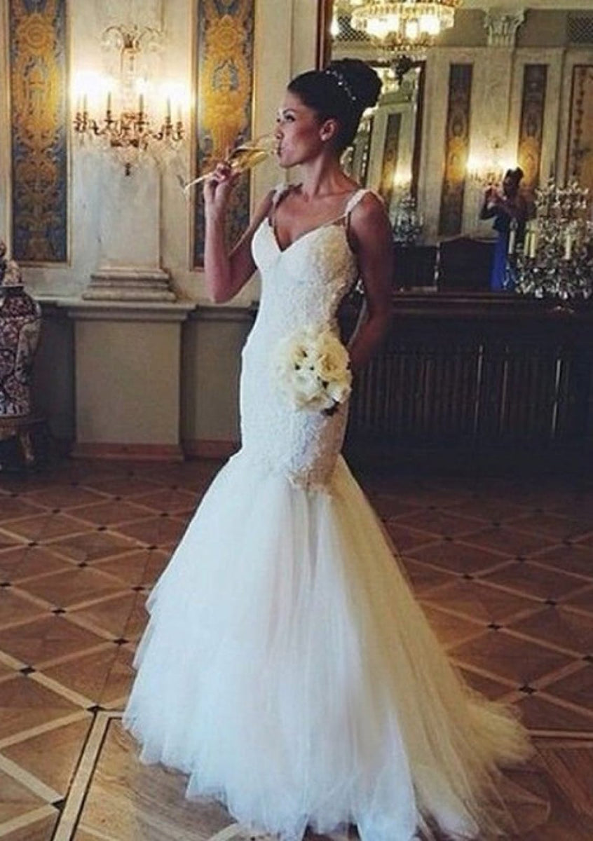 Backless Ivory Lace Tulle Mermaid Drop Waist Wedding Dress