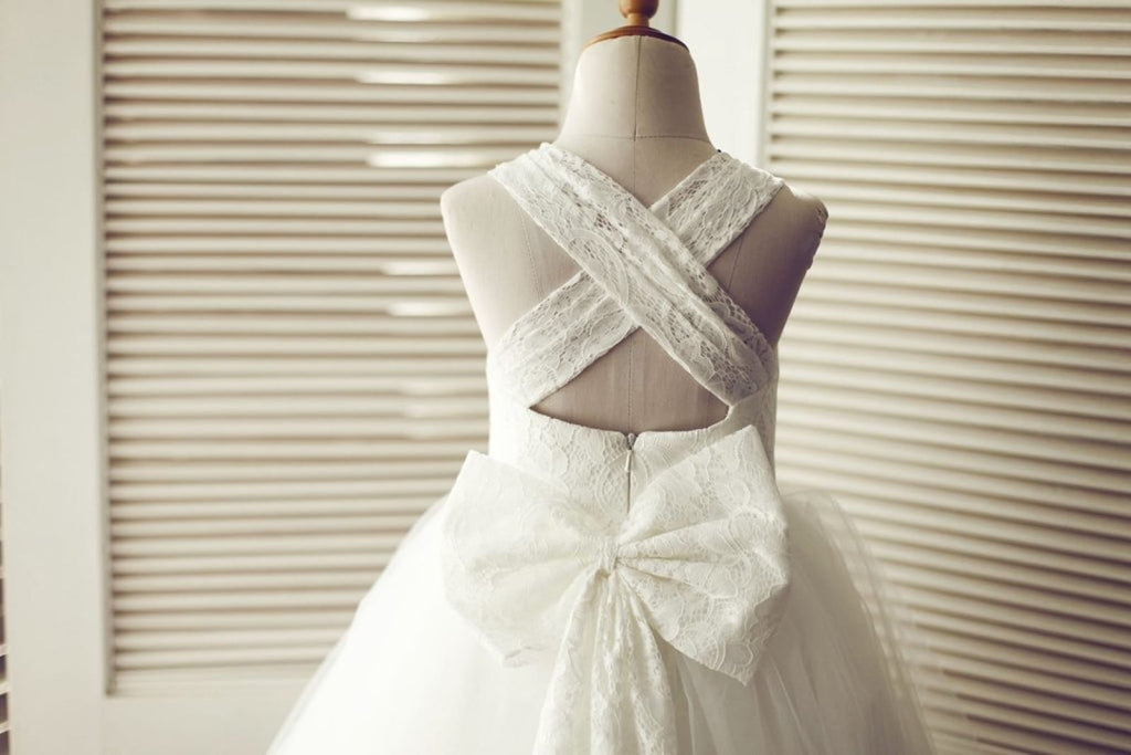 Backless Ivory Lace Tulle Wedding Flower Girl Dress with Big