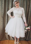 Ball Gown Bateau 3/4 Sleeve Tea-Length Lace Tulle Wedding Dress