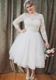 Ball Gown Bateau 3/4 Sleeve Tea-Length Lace Tulle Wedding
