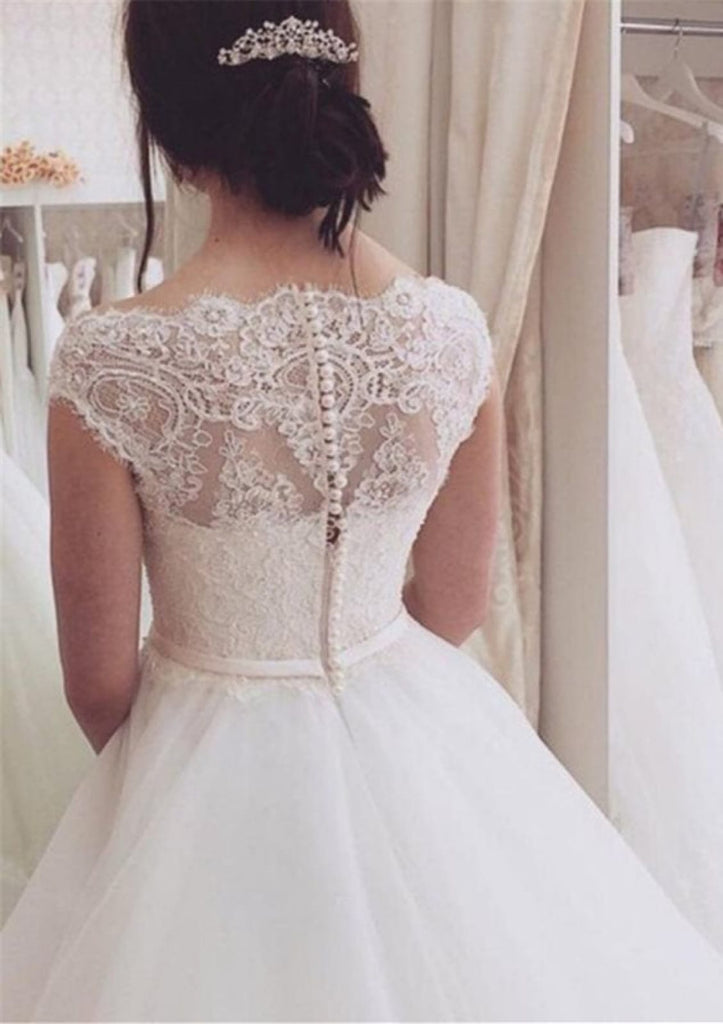 Ball Gown Bateau Cap Sleeve Lace Tulle Wedding Dress