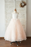 Duchesse-Linie Elfenbein Spitze Pfirsich Cupcake Tüll Schlüsselloch-Rücken Hochzeit Blumenmädchenkleid
