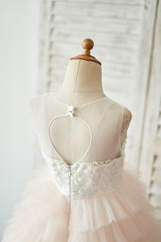 Ivory Lace Peach Pink Cupcake Tulle Keyhole Back Wedding