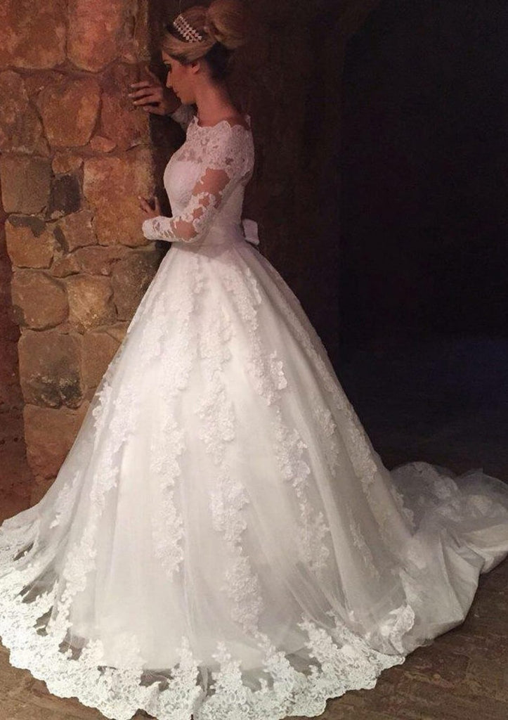 Ball Gown Lace Sweep Train Long Sleeve Off Shoulder Wedding