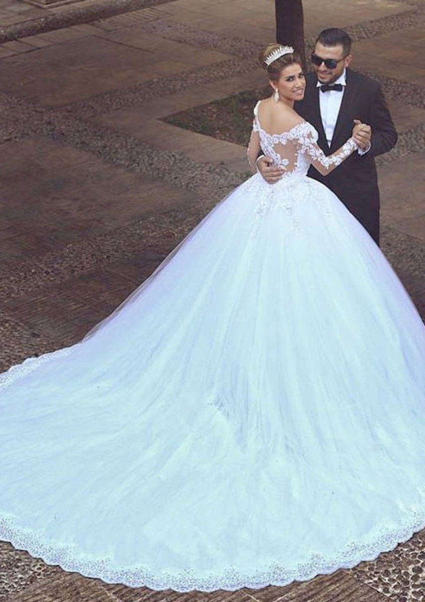 Gorgeous Ball Gown Square Tulle Lace Beaded Long Wedding Dresses C3895