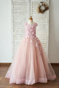 Ball Gown Mauve Lace Tulle 3D Flowers V Back Wedding Flower Girl Dress