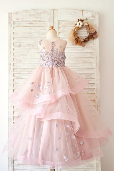 Mauve Lace Tulle Floor Length Wedding Flower Girl Dress