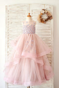 Vestido de fiesta Vestido de niña de las flores de boda hasta el suelo de tul con encaje malva