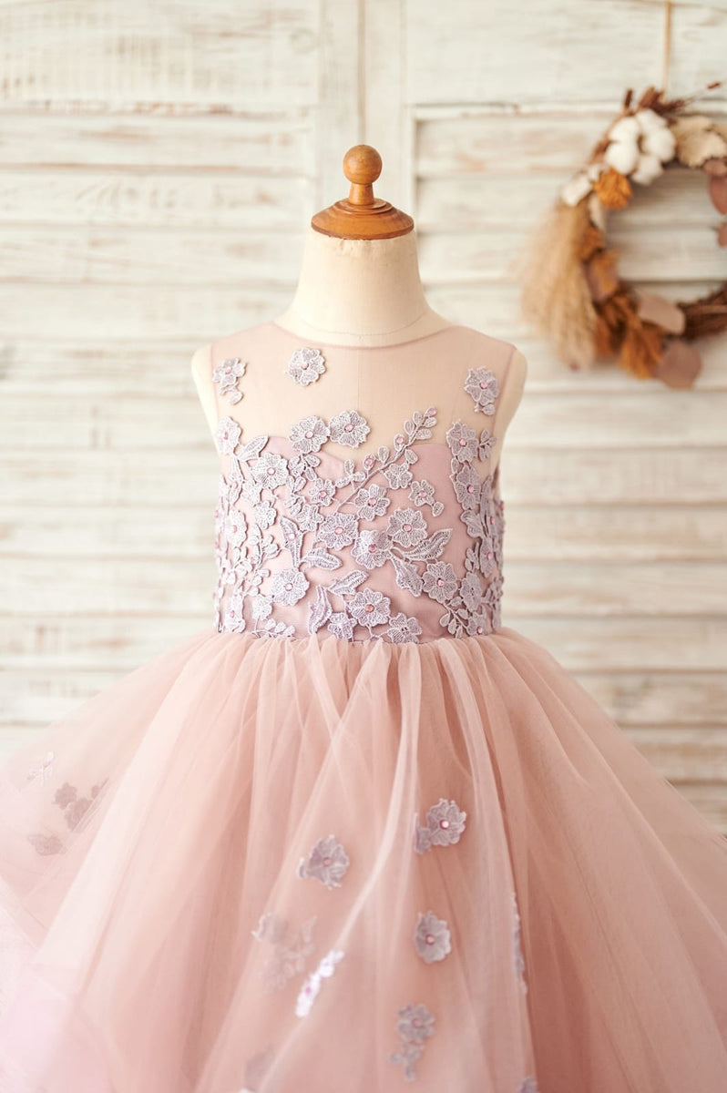 Ball Gown Mauve Lace Tulle Floor Length Wedding Flower Girl Dress ...