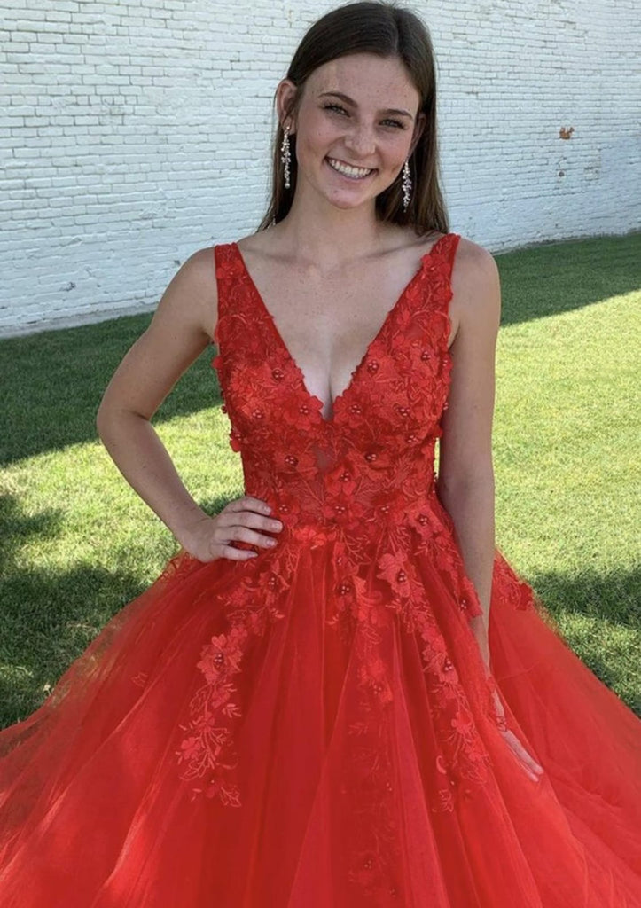 Ball Gown V Neck Court Train Lace Tulle Prom Dress