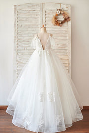 Off Shoulder Ivory Lace Tulle Ball Gown Wedding Flower Girl