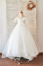 Off Shoulder Ivory Lace Tulle Ball Gown Wedding Flower Girl