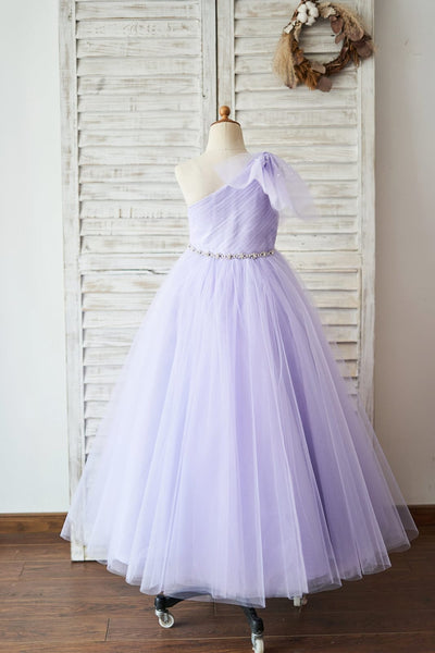 One Shoulder Beaded Lavender Tulle Wedding Flower Girl Dress