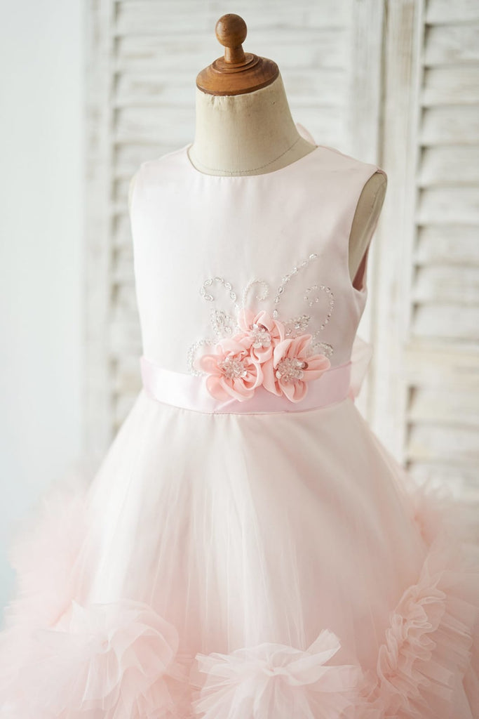 Pink Satin Tulle Keyhole Back Ruffles Wedding Flower Girl