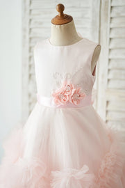 Pink Satin Tulle Keyhole Back Ruffles Wedding Flower Girl