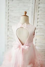 Pink Satin Tulle Keyhole Back Ruffles Wedding Flower Girl
