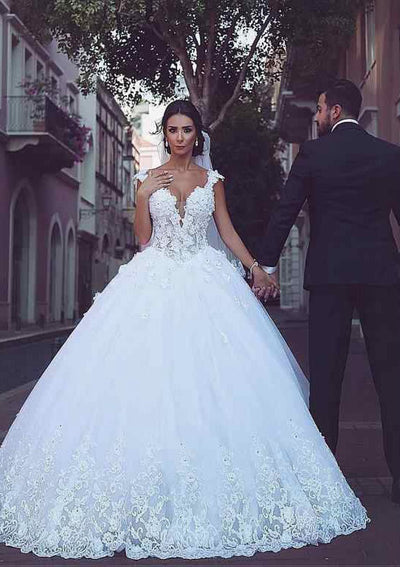 Ball Gown V Neck Chapel Train Lace Tulle Wedding Dress 