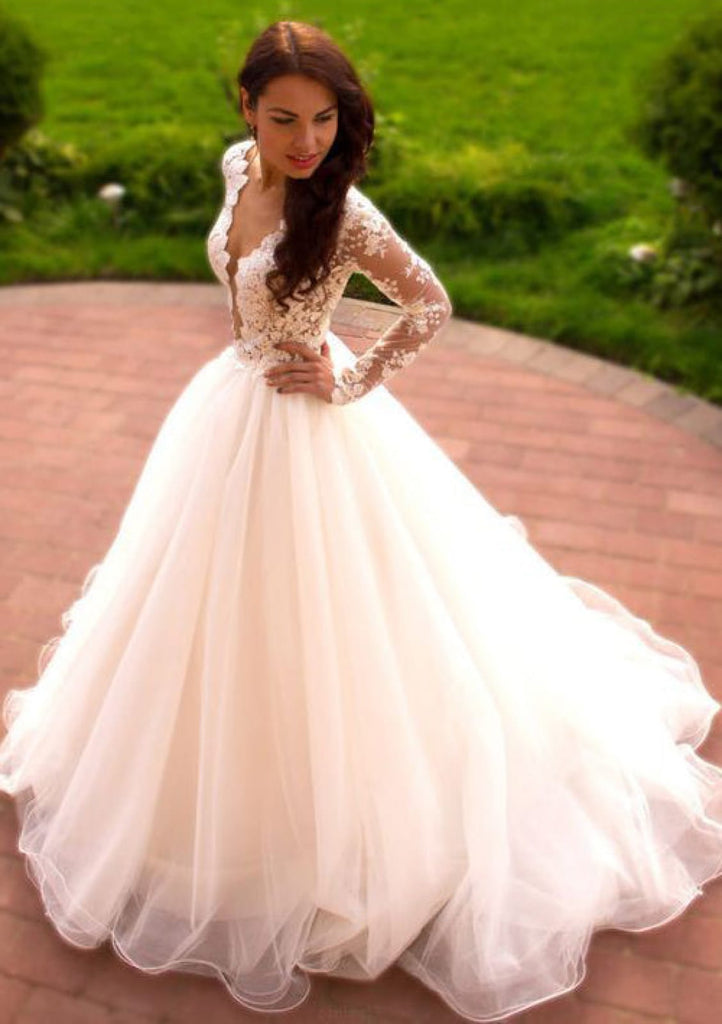 Ball Gown Scalloped Plunging Full Sleeve Appliqued Tulle