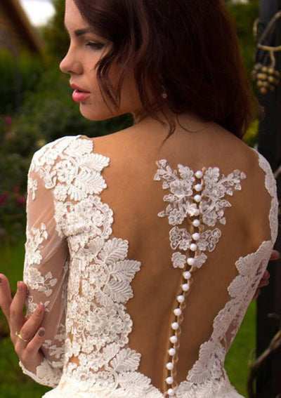 Ball Gown Scalloped Plunging Full Sleeve Appliqued Tulle