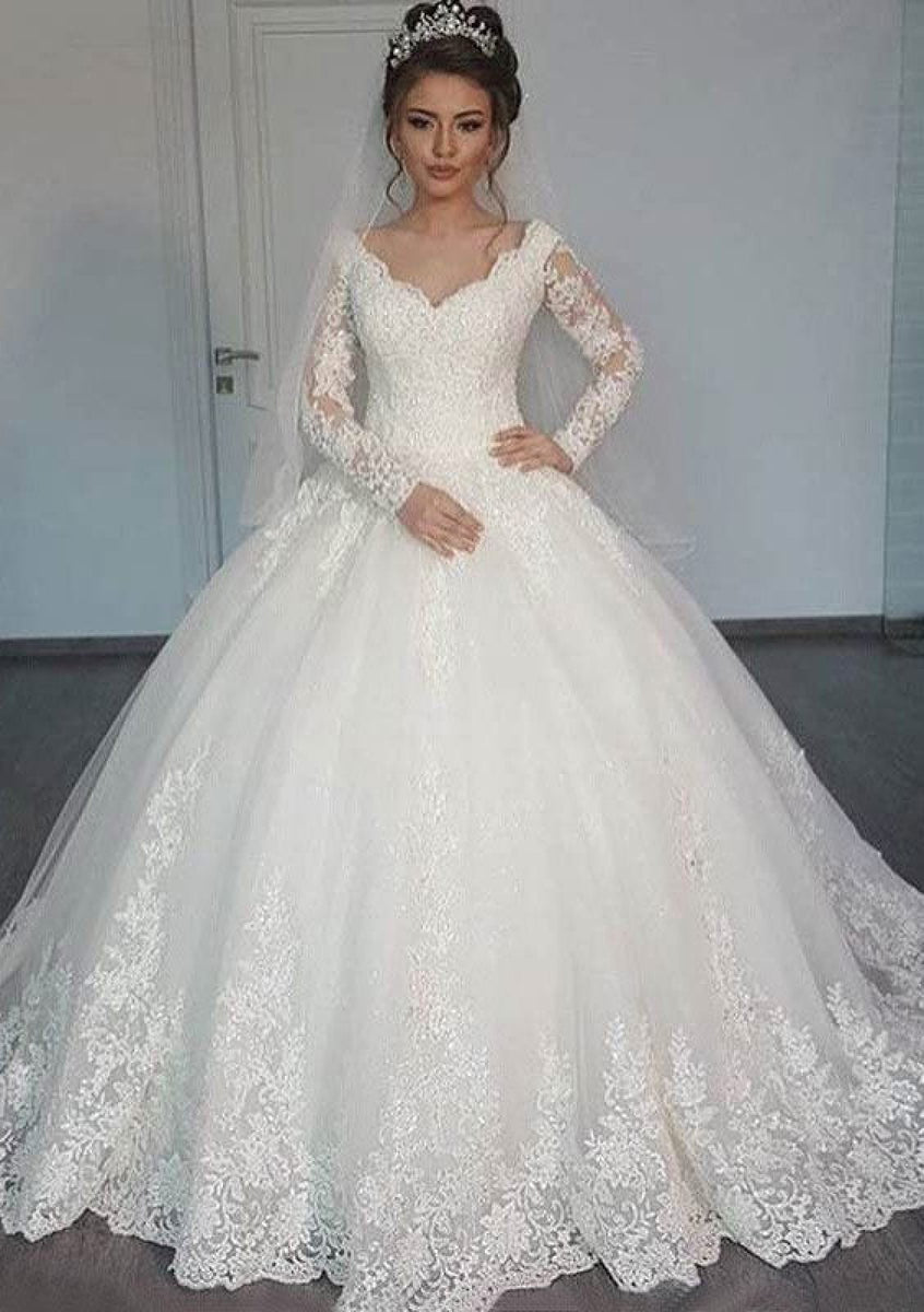 Ball Gown Long Sleeves V Neck Tulle Wedding Dress, Princess Long Bridal Dress with Lace UQ2081 main image 1