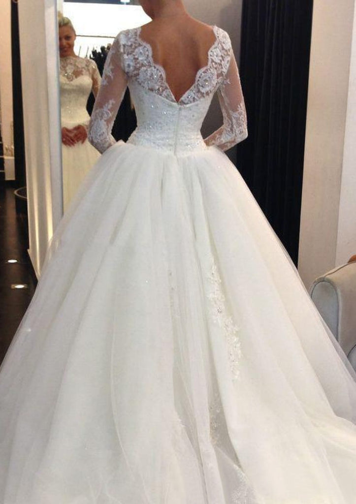 Ball Gown Scalloped Neck Long Sleeve Court Train Tulle