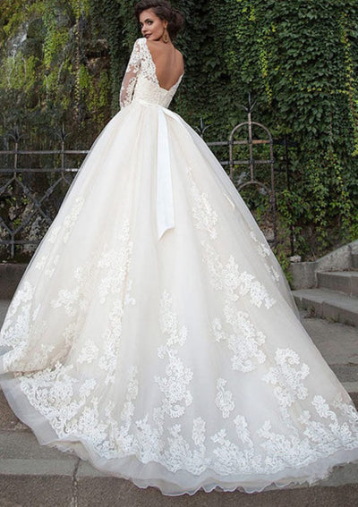 Ball Gown Off Shoulder 3/4 Sleeve Chapel Tulle Princess 