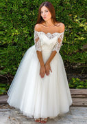 Ball Gown Off Shoulder Ankle Length Lace Tulle Wedding Dress, Pleats