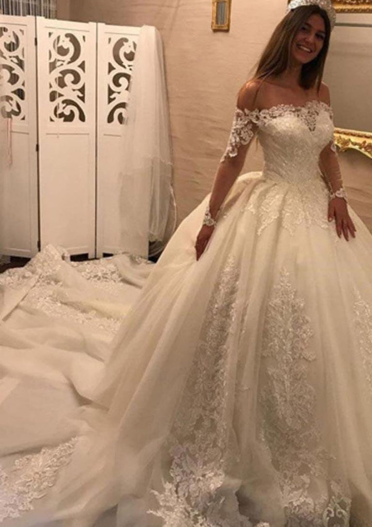 Ball Gown Off Shoulder Cathedral Lace Tulle Wedding Dress -