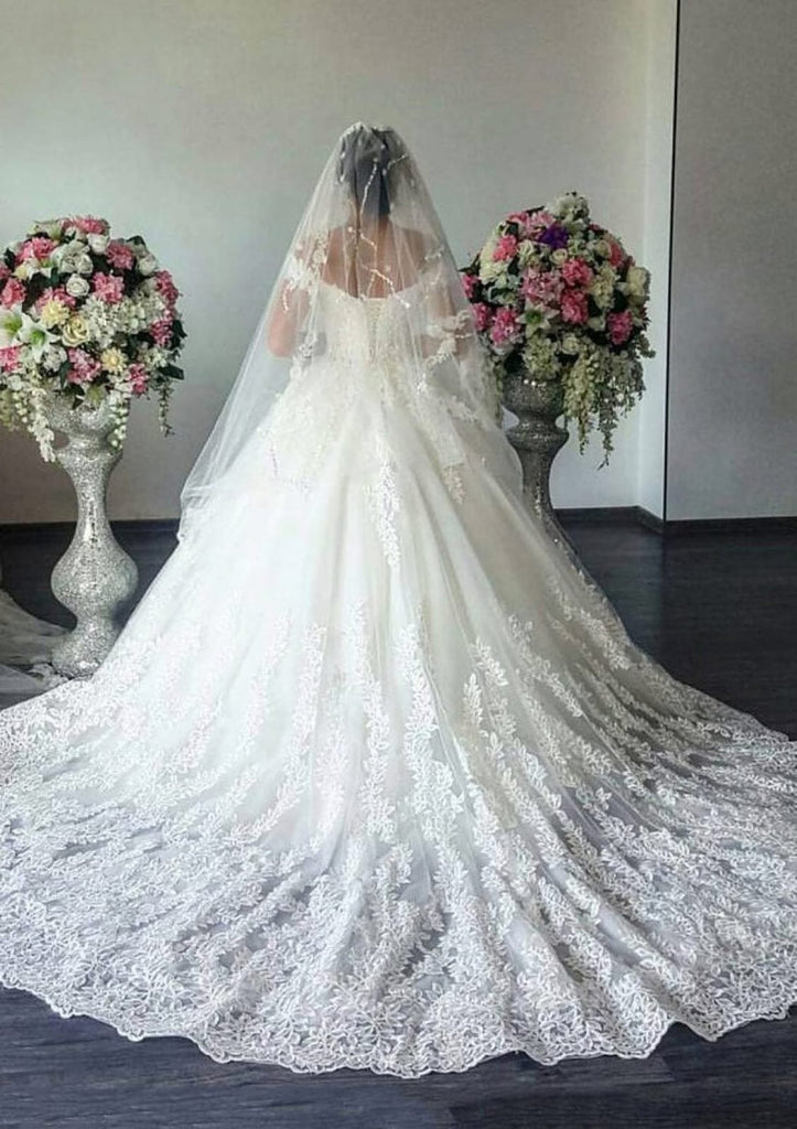 Ball Gown Off Shoulder Chapel Train Lace Tulle Wedding Dress