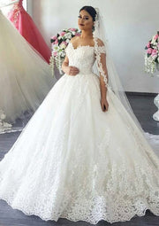 Ball Gown Off Shoulder Chapel Train Lace Tulle Wedding Dress