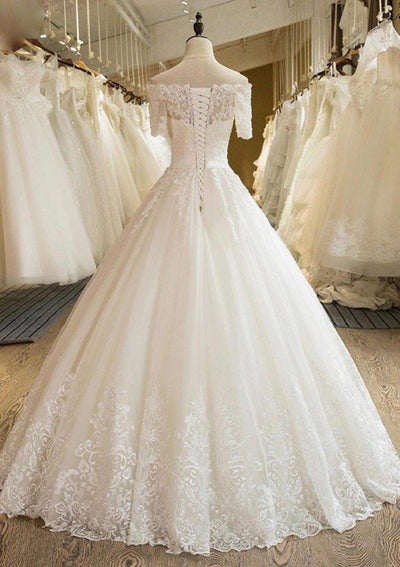 Ball Gown Off Shoulder Floor-Length Tulle Wedding Dress Lace