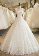 Ball Gown Off Shoulder Floor-Length Tulle Wedding Dress, Lace