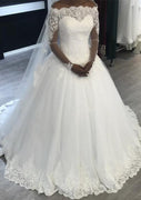 Ball Gown Off Shoulder Long Sleeve Court Tulle Wedding Dress, Lace