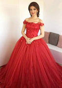 Bola Gown Off hombro Sleeveless Piso Longitud Sudave rojo cordón vestido de baile