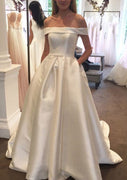 Ball Gown Off Shoulder Straight Neck Chapel Satin Bridal Dress, Waistband