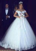Ball Gown Off Shoulder Sweetheart Long Tulle Bridal Wedding Dress, Lace