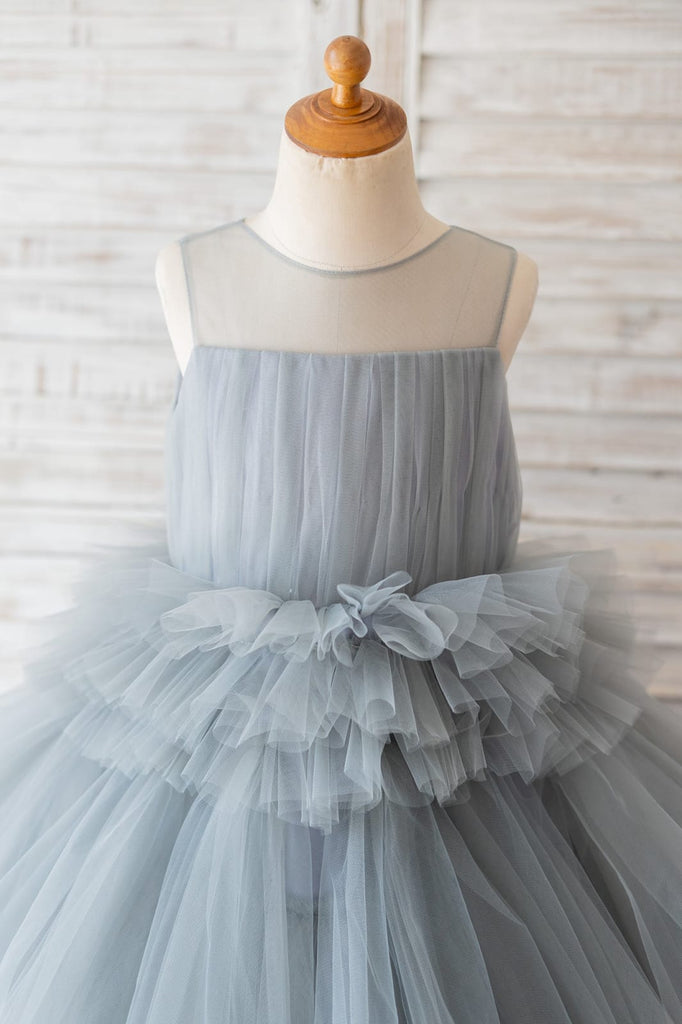 Silver Gray Tulle Cupcake Tea Length Wedding Flower Girl