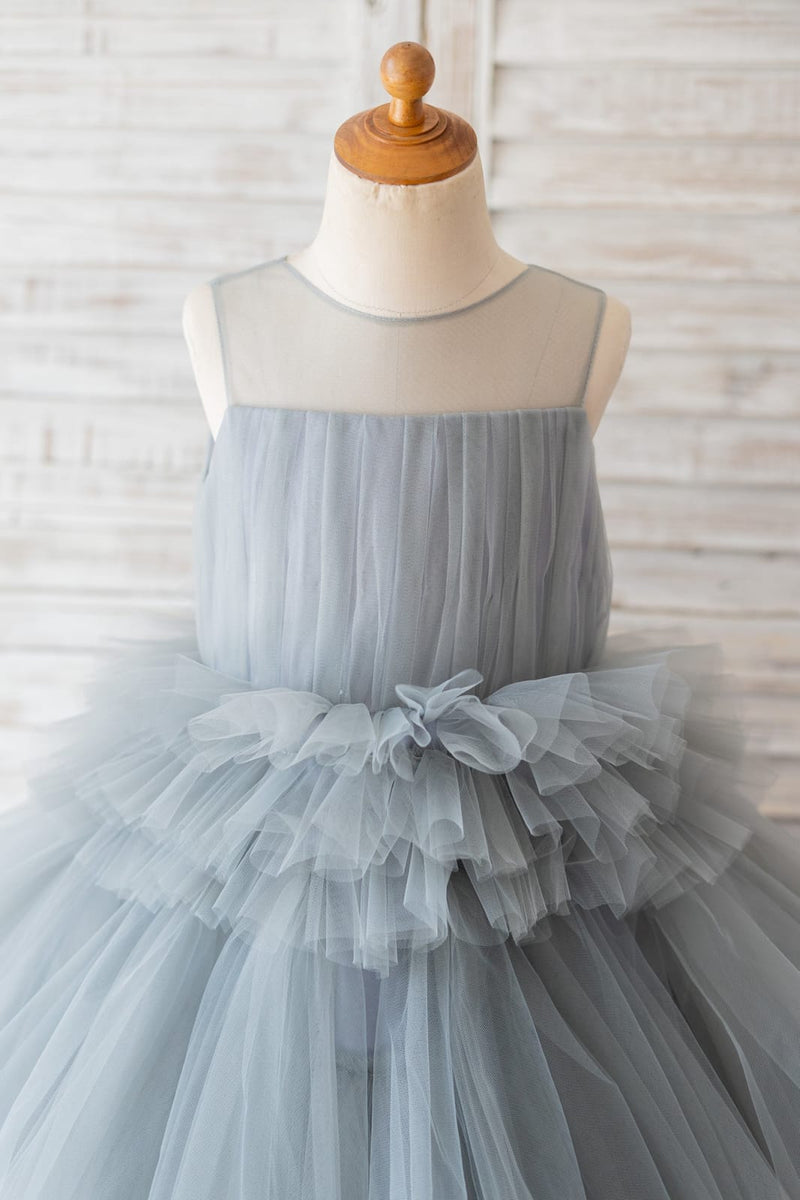 Ball Gown Gray Tulle Sheer Neck Cupcake Wedding Flower Girl Dress 4T
