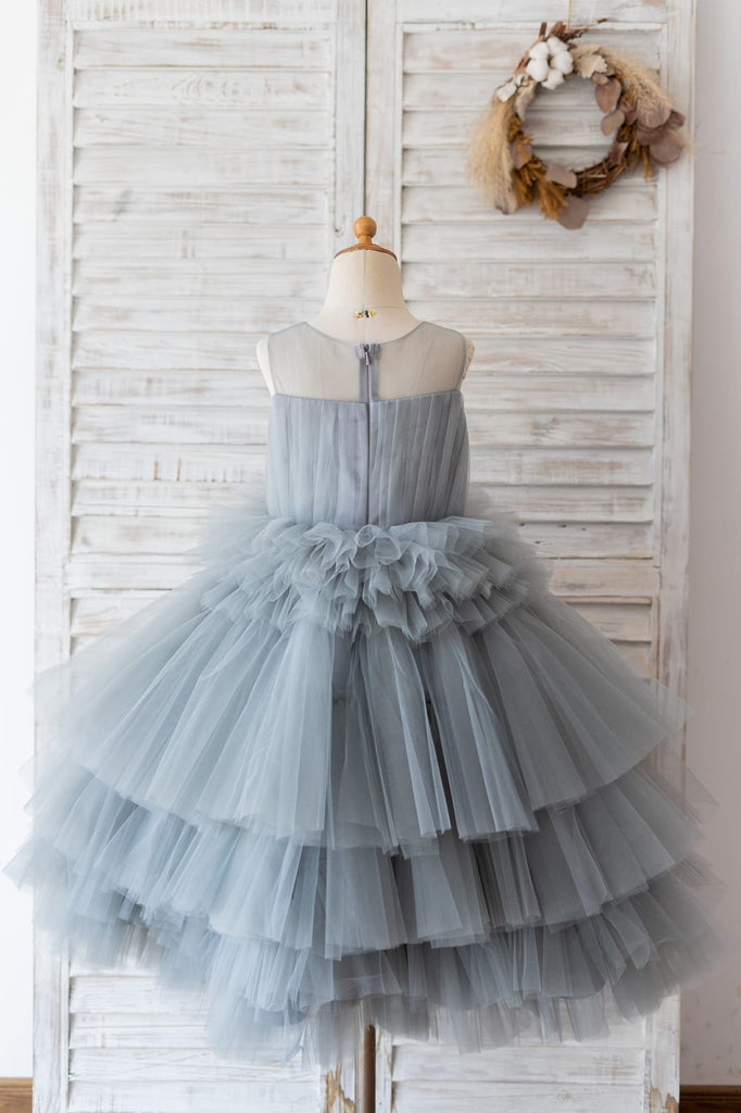 Silver Gray Tulle Cupcake Tea Length Wedding Flower Girl