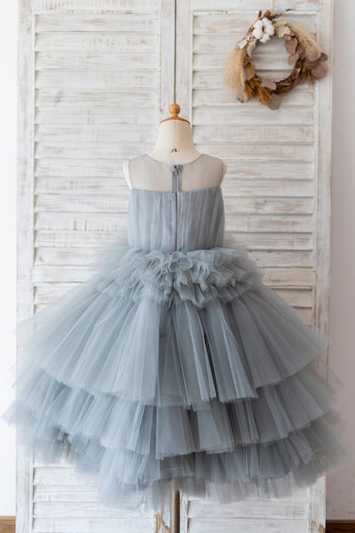 Silver Gray Tulle Cupcake Tea Length Wedding Flower Girl 