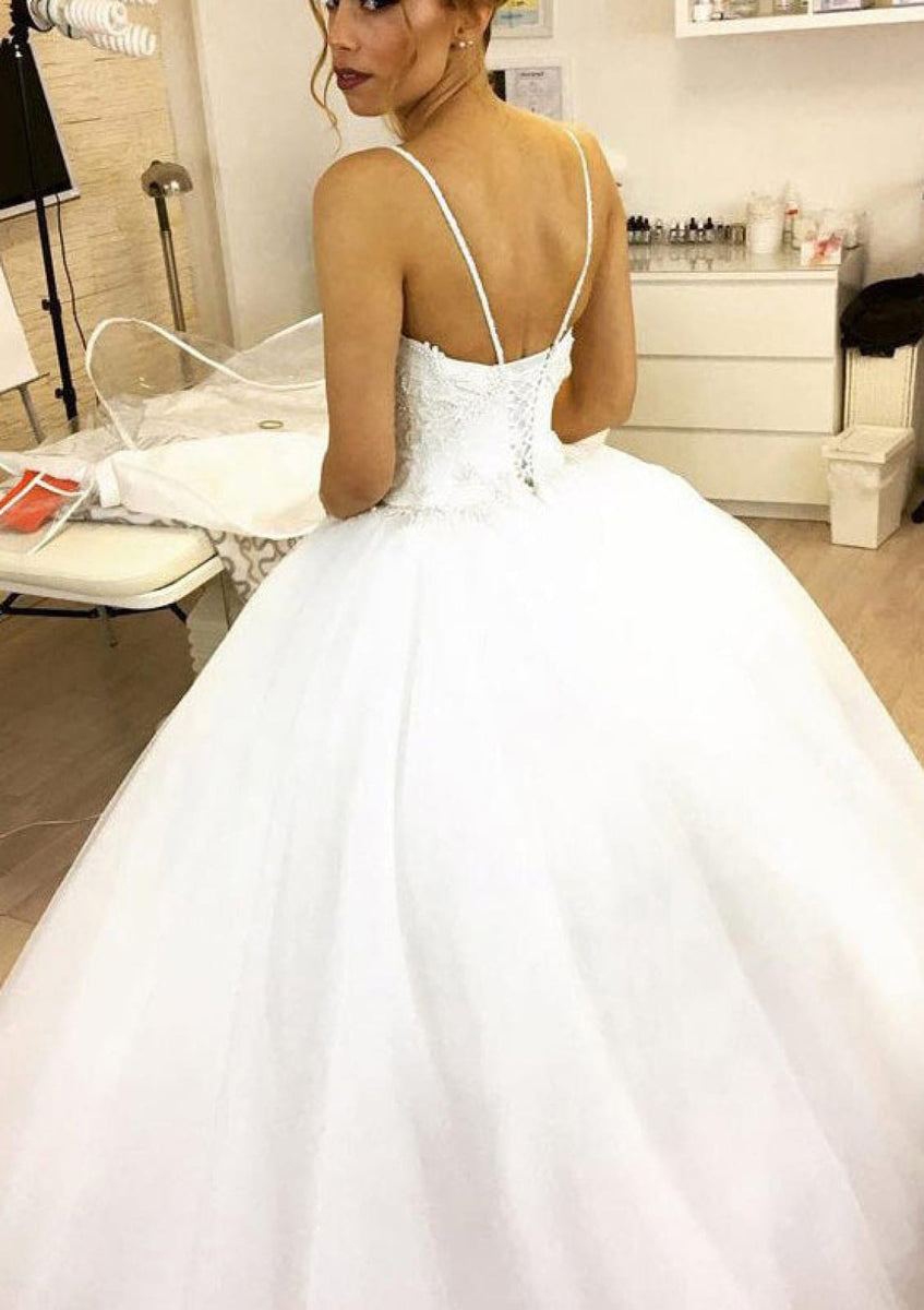 Spaghetti Straps Ball Gown Sweep Train Prom Dress with Beading LBQ1841